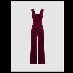 Velvet maroon red jumpsuit with flare leg.